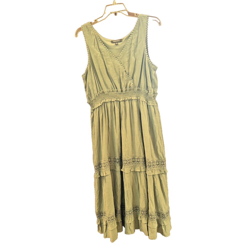 Boho Tiered Dress XL Green Sleeveless Lightweight Tiered Lace Peasant